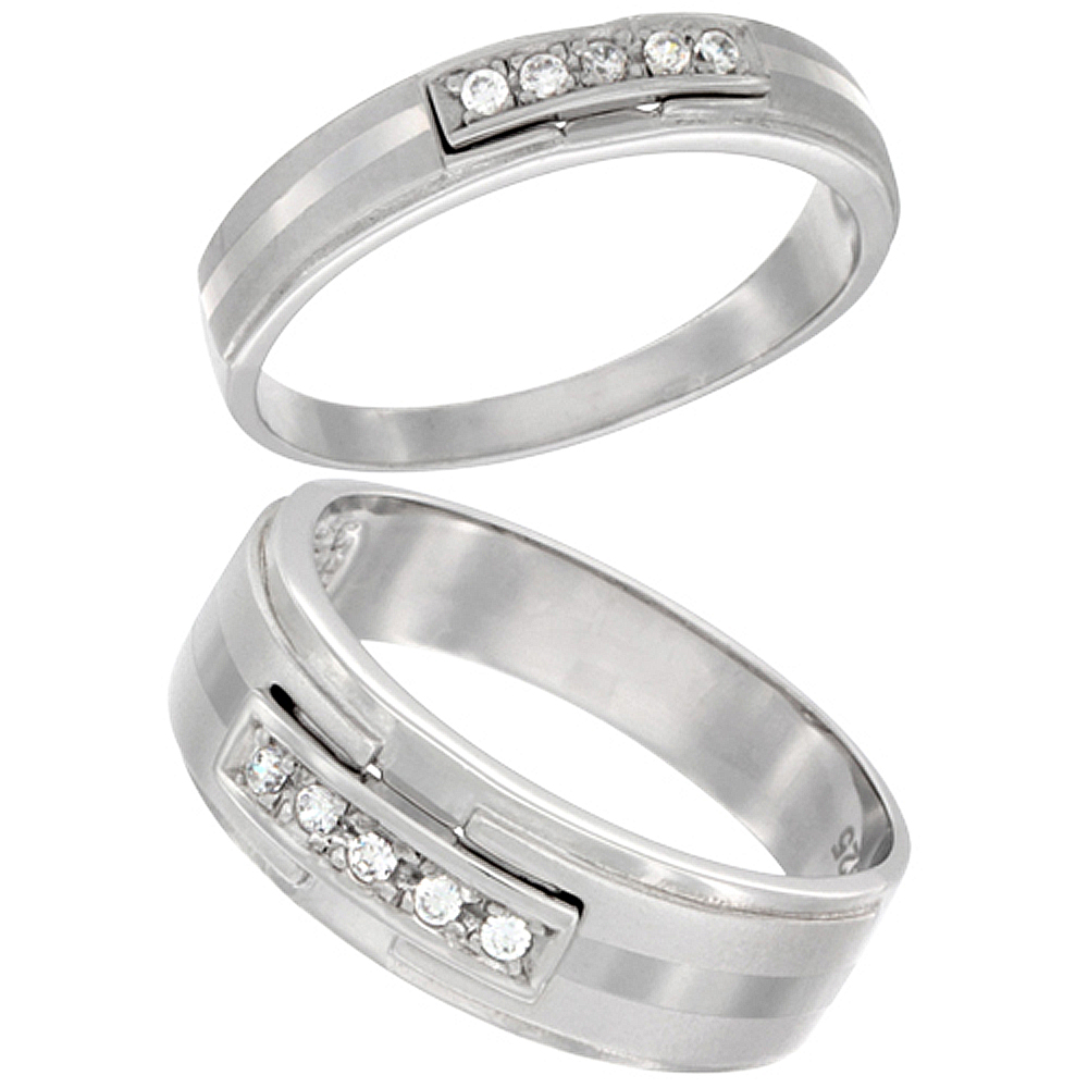 Sterling Silver Cubic Zirconia Wedding Band Ring 2-Piece Set 7 mm Him & Hers 4 mm Center Stripe, sizes M 8-14 L 5-10