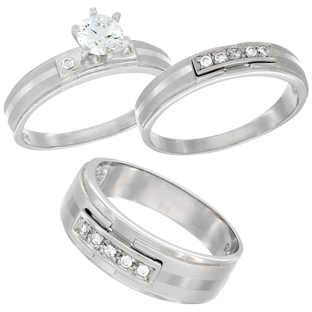 Sterling Silver Cubic Zirconia Trio Engagement Wedding Ring Set for 7 mm Him and Hers 4 mm Center Stripe, L 5 - 10 &amp; M 8 - 14