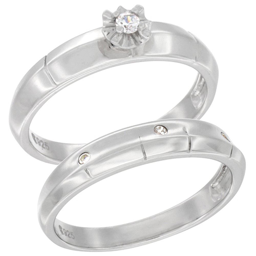 Sterling Silver Cubic Zirconia Ladies� Engagement Ring Set 2-Piece Ribbed Design, 5/32 inch wide, sizes 5 to 10