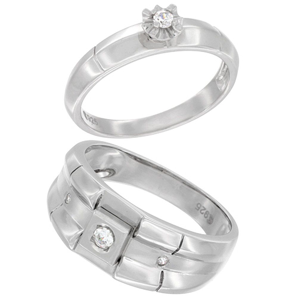 Sterling Silver Cubic Zirconia Engagement Rings Set for 9 mm Him &amp; Hers 4 mm Ribbed Design, L 5 - 10 &amp; M 8 - 14 