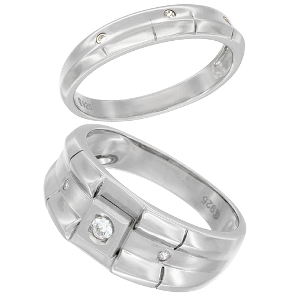 Sterling Silver Cubic Zirconia Wedding Band Ring 2-Piece Set 9 mm Him &amp; Hers 4 mm Ribbed Design, sizes M 8-14 L 5-10