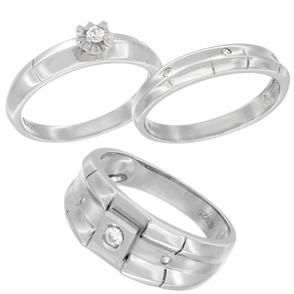 Sterling Silver Cubic Zirconia Trio Engagement Wedding Ring Set for 9 mm Him and Hers 4 mm Ribbed Design, L 5 - 10 & M 8 - 14