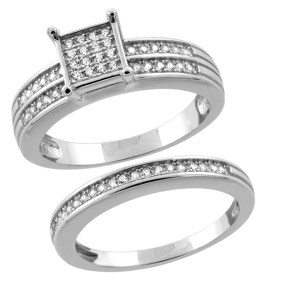 2-Piece Sterling Silver Cubic Zirconia Half Eternity Engagement Ring Set for Women 6mm Square Head Micropave Rhodium finish sizes 5 to 10