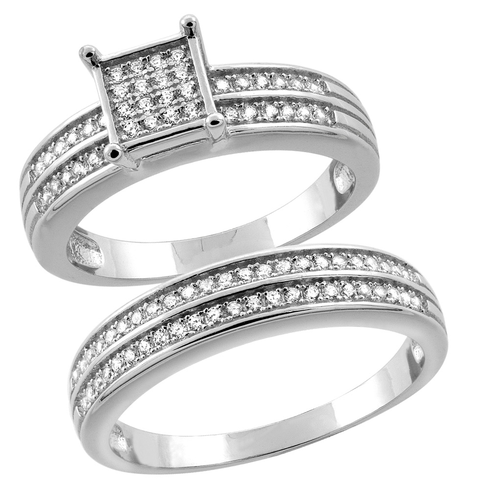 2-Piece Sterling Silver Cubic Zirconia Half Eternity Engagement Ring Set for Him &amp; Her 6mm Square Head Micropave Rhodium finish sizes 6-13