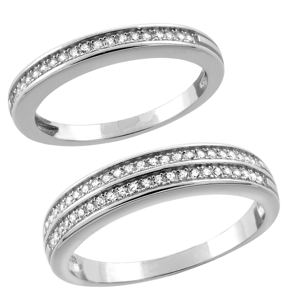 2-Piece Sterling Silver Cubic Zirconia Half Eternity Wedding Ring Set for Him &amp; Her 2.5 &amp; 4.5mm Micropave Rhodium finish sizes 5-13