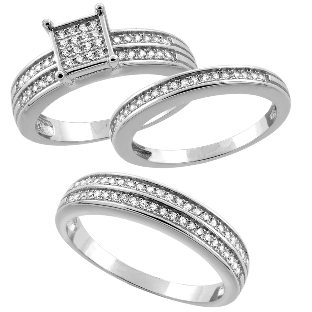 Sterling Silver Micro Pave Cubic Zirconia Trio Wedding Ring Set for 4 mm Him &amp; Hers 6 mm Half Eternity, L 5 - 10 &amp; M 8 - 14