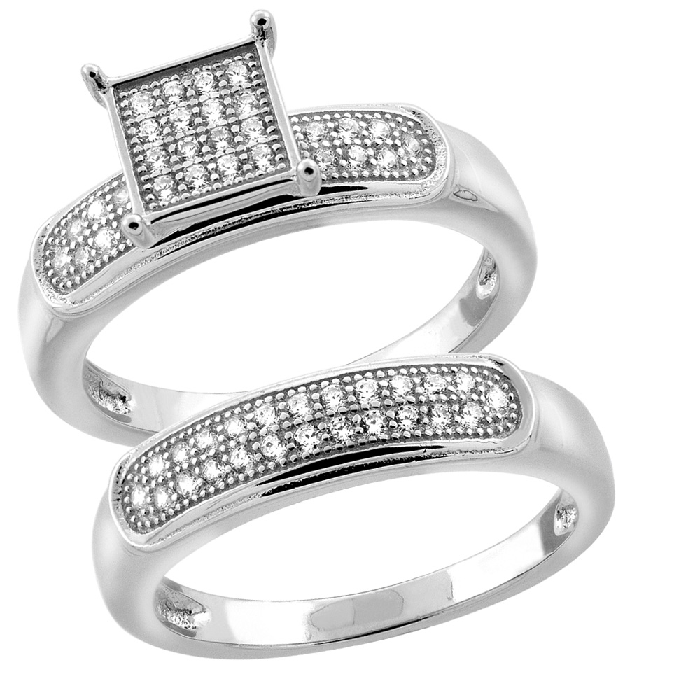 Sterling Silver Micro Pave Cubic Zirconia Pave Square Ladies&#039; Engagement 2-Piece Ring Set, 1/4 inch wide sizes 5 to 10