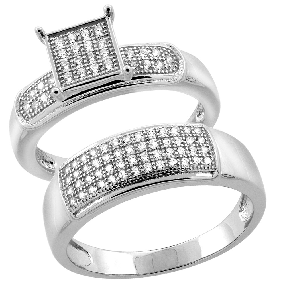 Sterling Silver Micro Pave Cubic Zirconia Engagement Ring Set for 7 mm Him & Hers 6 mm, L 5 - 10 & M 8 - 14 