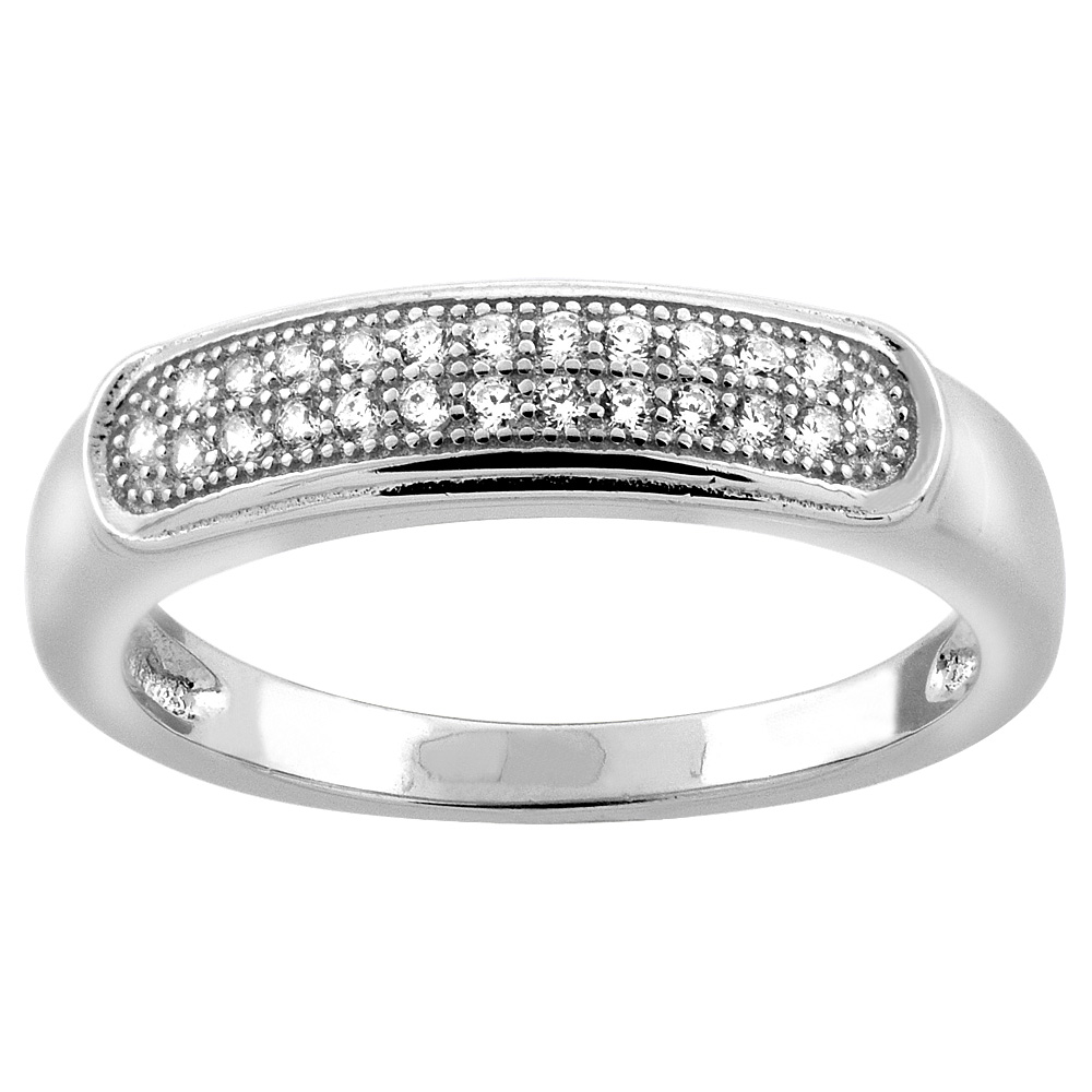 Sterling Silver 2-row Micro Pave Cubic Zirconia Ladies&#039; Wedding Band, 3/16 inch wide, sizes 5 to 10