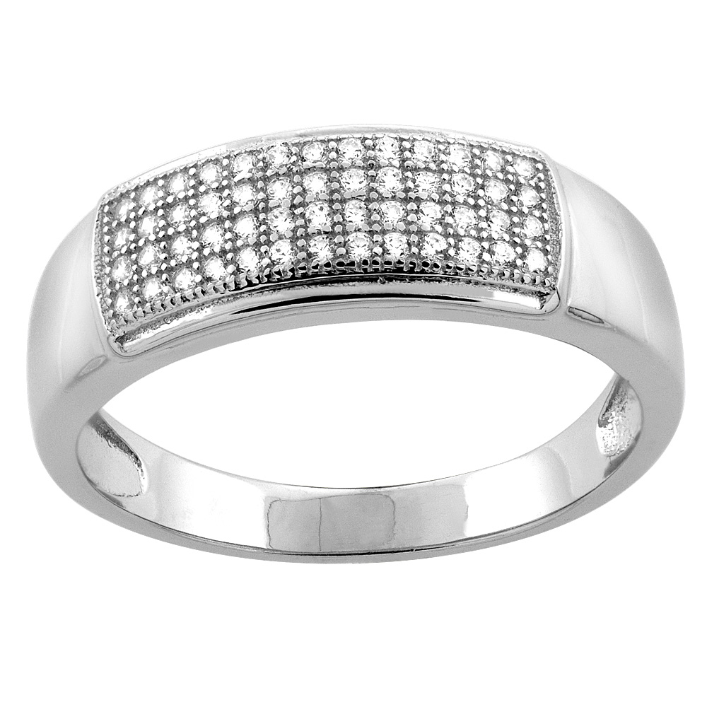 Sterling Silver Micro Pave Cubic Zirconia Men's 4-row Wedding Band, 5/16 inch wide, sizes 8 to 14