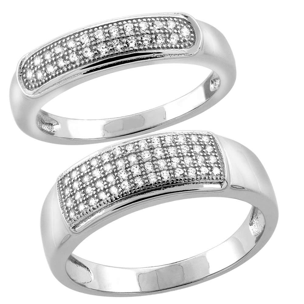 Sterling Silver Micro Pave Cubic Zirconia Wedding Ring 2-Piece Set 7 mm Him &amp; Hers 6 mm, sizes M 8-14 L 5-10