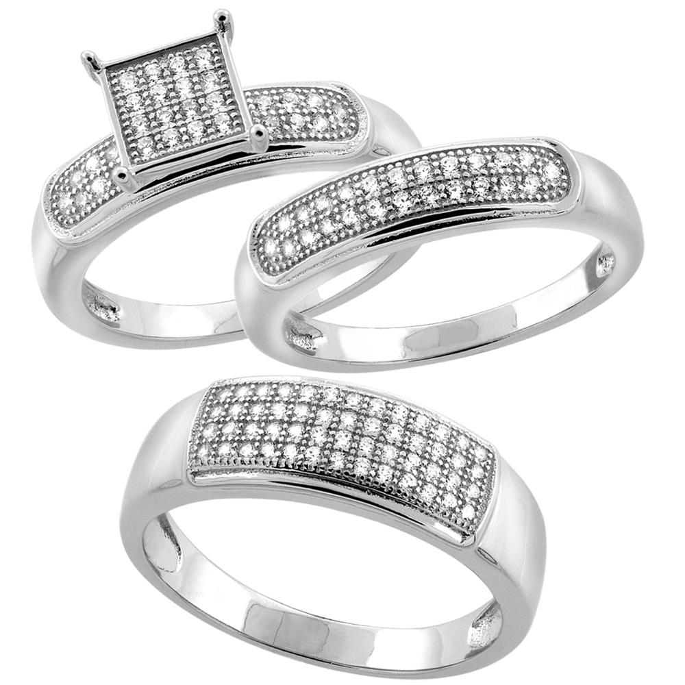 Sterling Silver Micro Pave Cubic Zirconia Trio Wedding Ring Set for 7 mm Him &amp; Hers 6 mm, L 5 - 10 &amp; M 8 - 14