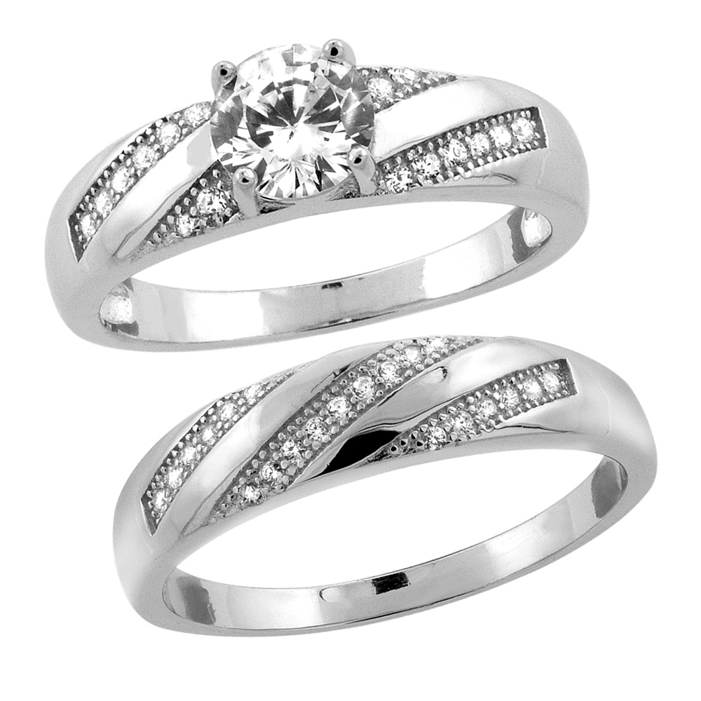 Sterling Silver Micro Pave Cubic Zirconia Ladies&#039; Engagement 2-Piece Ring Set, 1/4 inch wide, sizes 5 to 10