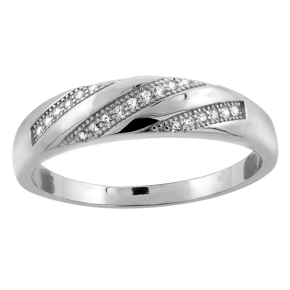 Sterling Silver Micro Pave Cubic Zirconia Striped Ladies&#039; Wedding Band, 3/16 inch wide, sizes 5 to 10