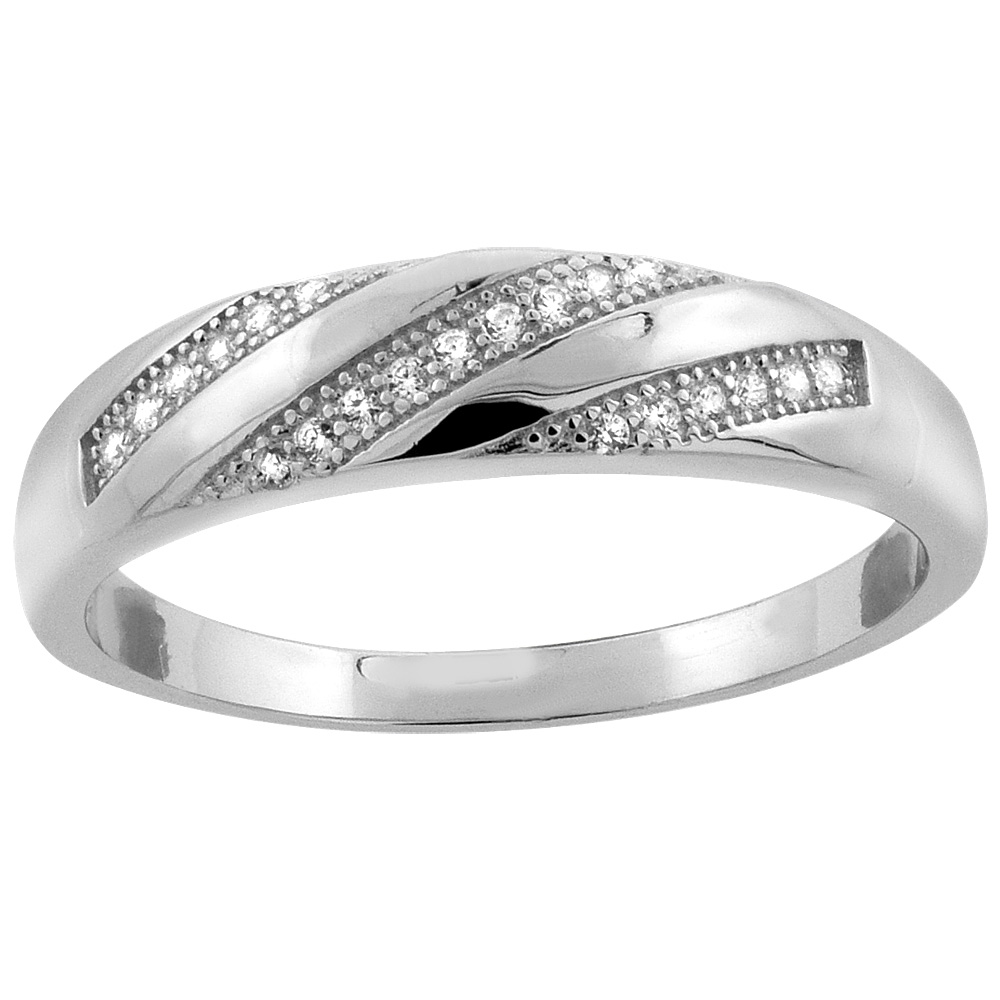 Sterling Silver Micro Pave Cubic Zirconia Striped Men's Wedding Band, 5/16 inch wide, sizes 8 to 14