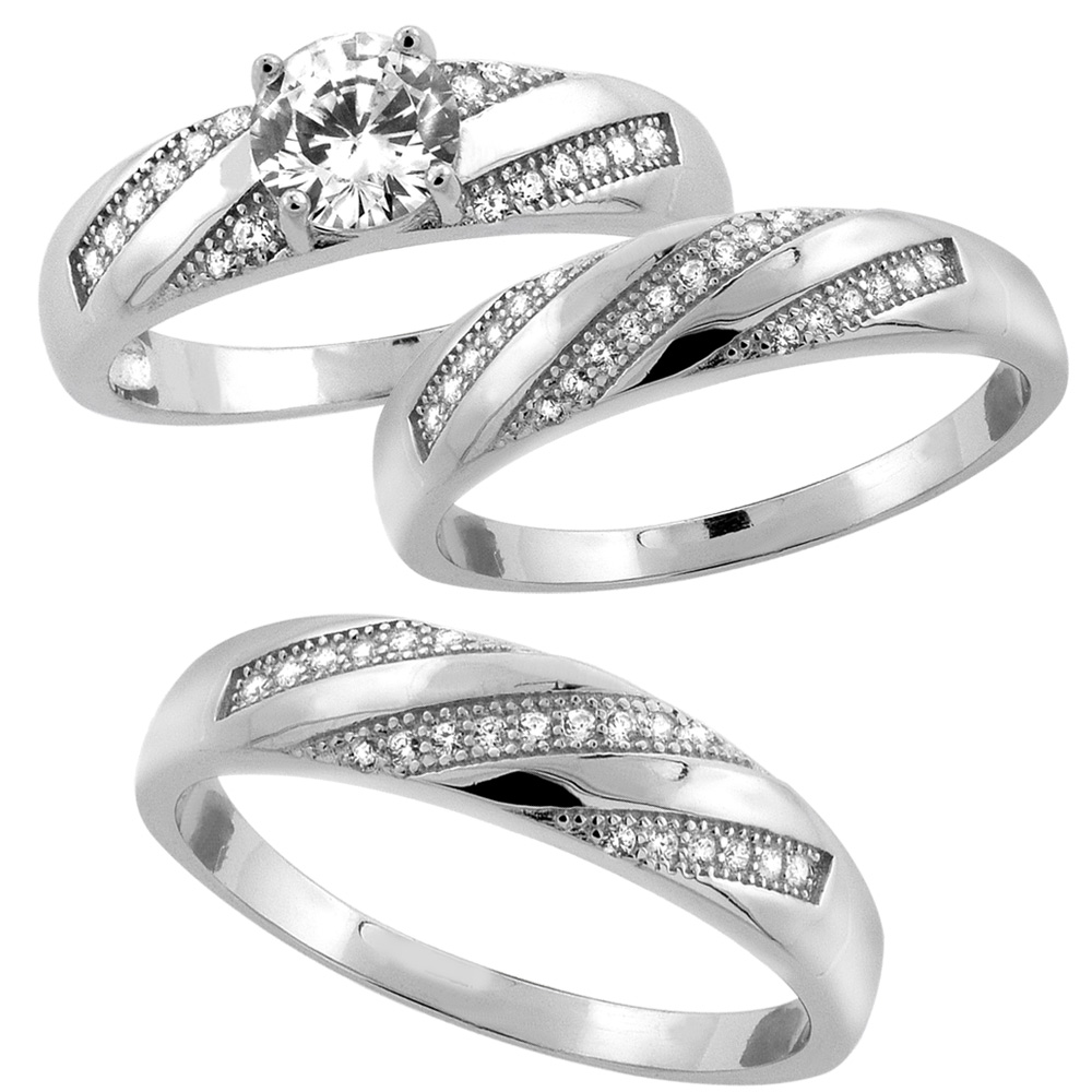 Sterling Silver Micro Pave Cubic Zirconia Trio Wedding Ring Set for 5 mm Him &amp; Hers 6 mm, L 5 - 10 &amp; M 8 - 14