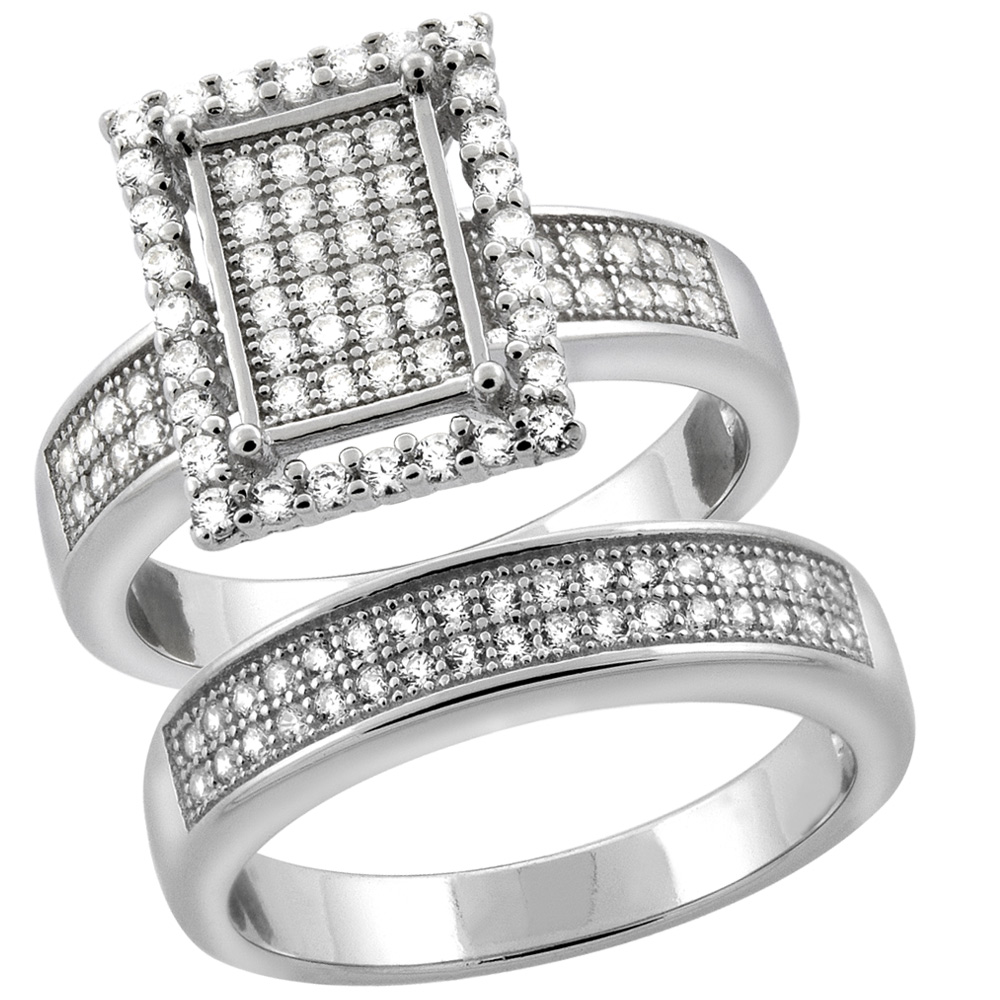 Sterling Silver Micro Pave Cubic Zirconia Rectangular Halo Ladies' Engagement 2-Piece Ring Set, 1/2 inch wide, sizes 5 to 10