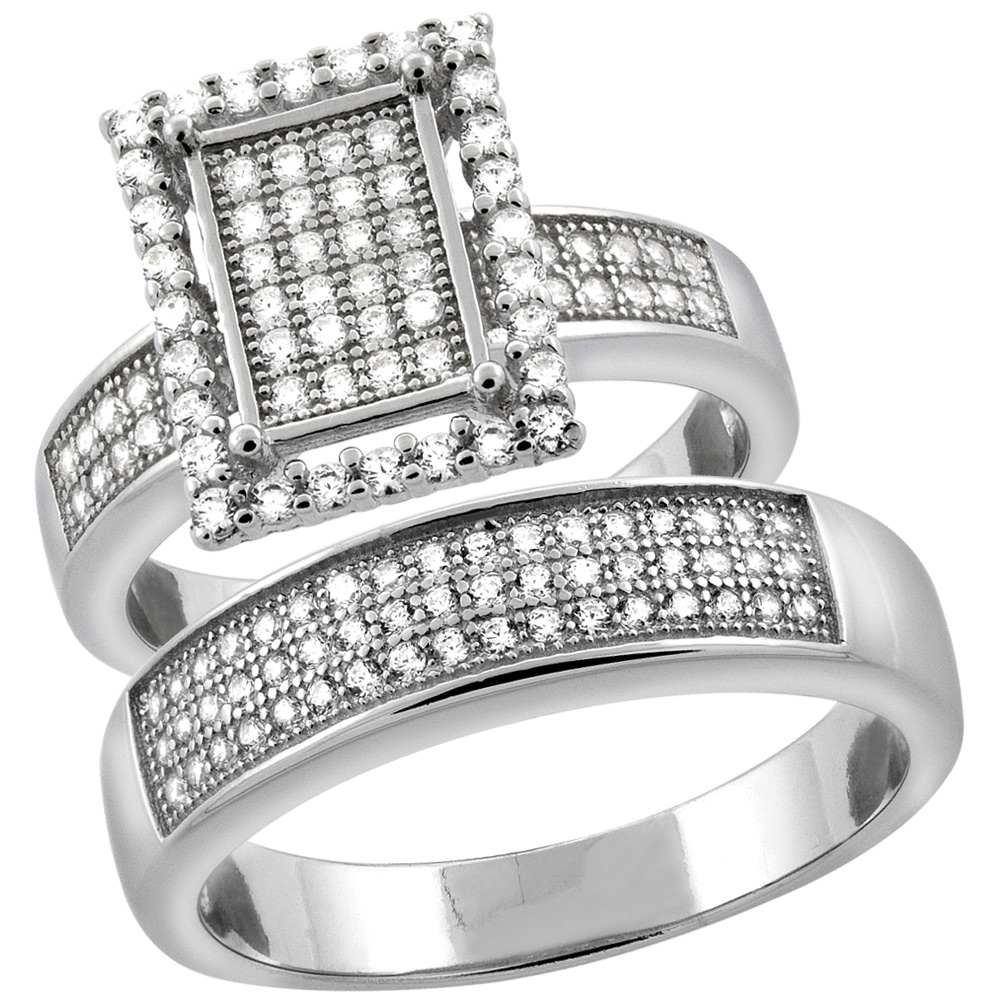 Sterling Silver Micro Pave Cubic Zirconia Engagement Ring Set for 5.6 mm Him & Hers 12 mm, L 5 - 10 & M 8 - 14