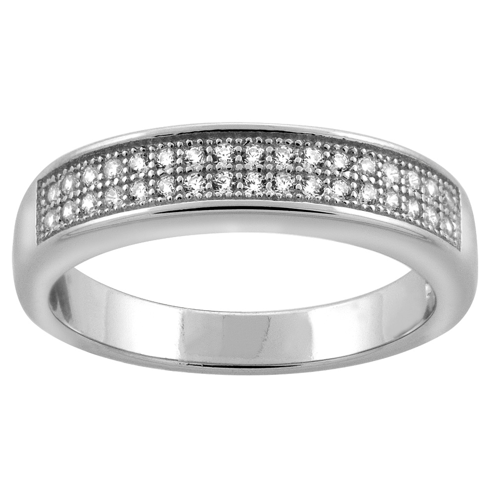 Sterling Silver Micro Pave Cubic Zirconia Ladies&#039; Wedding Band, 3/16 inch wide, sizes 5 to 10