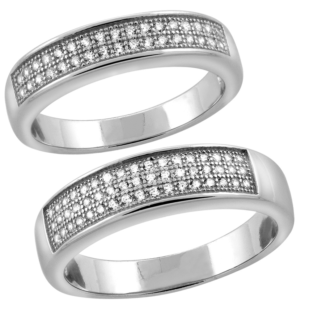 Sterling Silver Micro Pave Cubic Zirconia Wedding Ring 2-Piece Set 5.6 mm Him &amp; Hers 4 mm, sizes M 8-14 L 5-10