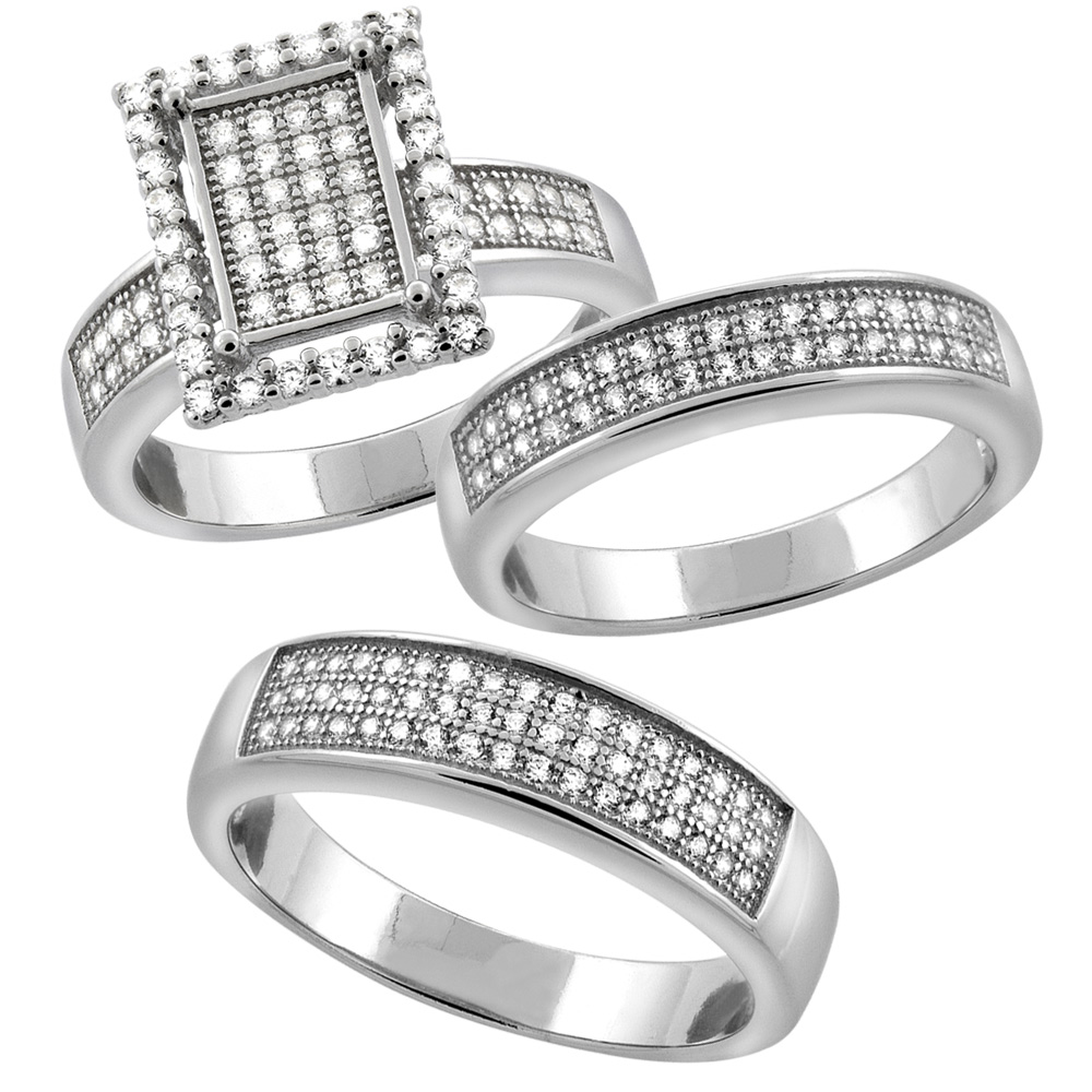 STERLING SILVER MICRO PAVE CUBIC ZIRCONIA TRIO WEDDING RING SET FOR 5.6 MM HIM & HERS 4 MM, L 5 - 10 & M 8 - 14