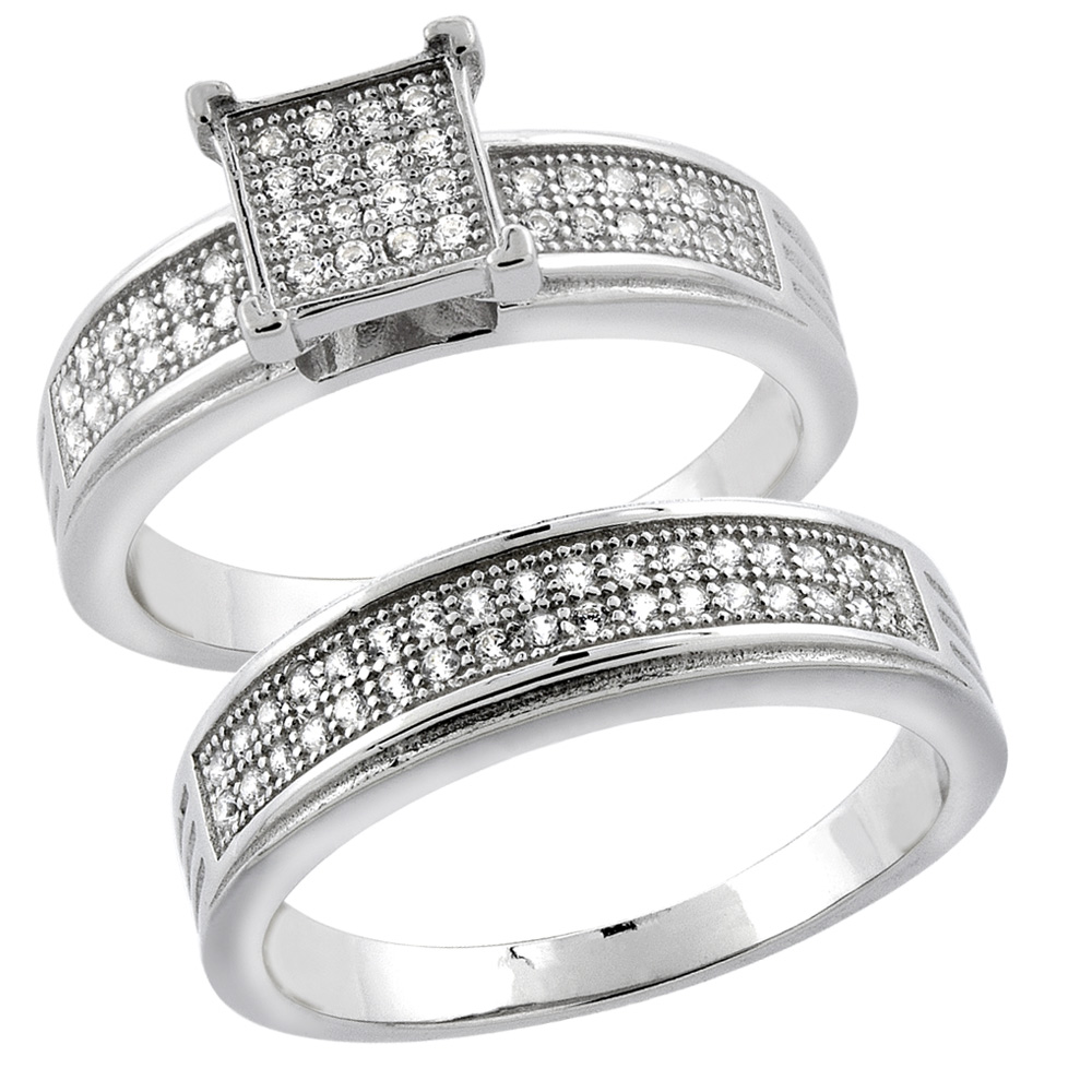 Sterling Silver Micro Pave Cubic Zirconia Square Ladies&#039; Engagement 2-Piece Ring Set, 1/4 inch wide, sizes 5 to 10