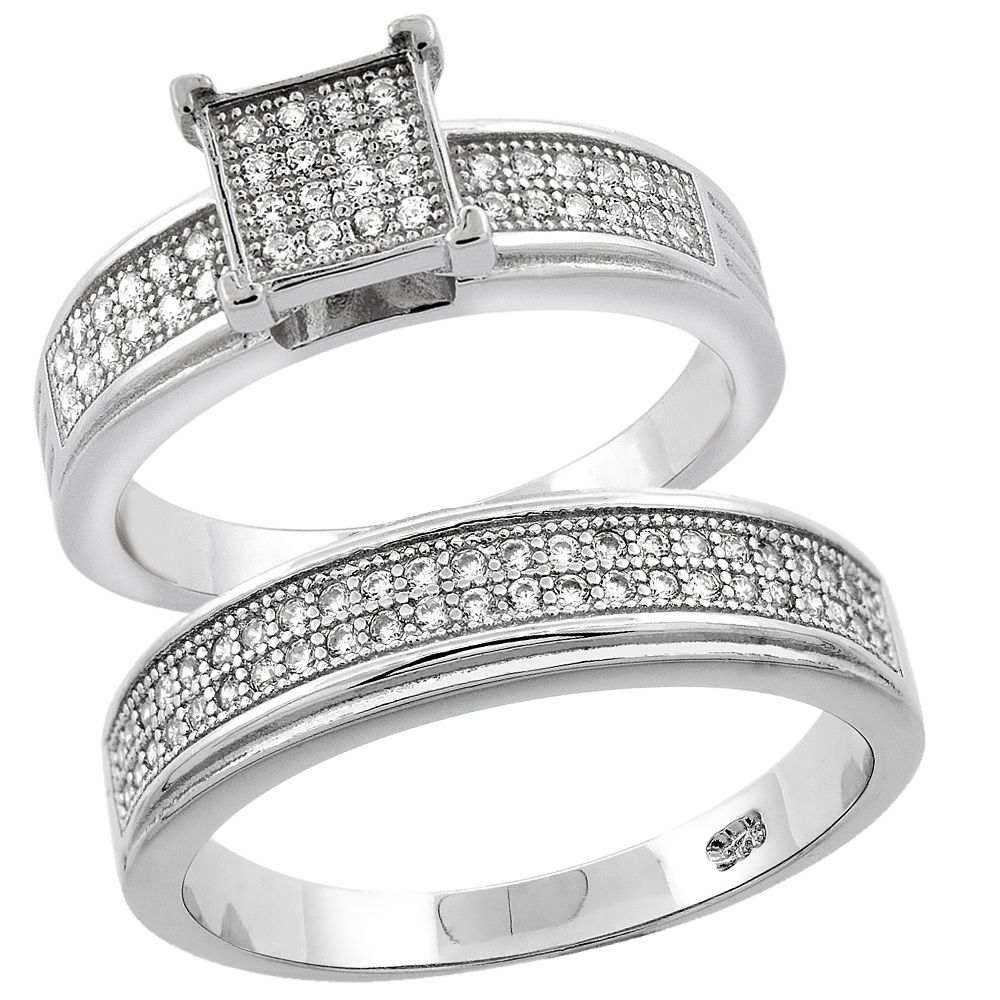 Sterling Silver Micro Pave Cubic Zirconia Engagement Ring Set for 5 mm Him & Hers 6 mm, L 5 - 10 & M 8 - 14
