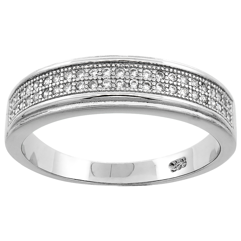 Sterling Silver Micro Pave Cubic Zirconia Men's Wedding Band, 3/16 inch wide, sizes 8 to 14