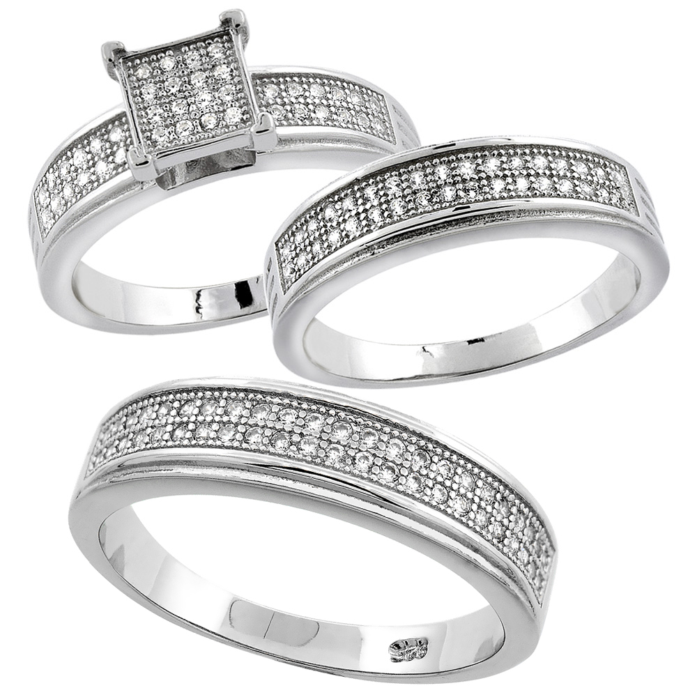 Sterling Silver Micro Pave Cubic Zirconia Trio Wedding Ring Set for 5 mm Him & Hers 5 mm, L 5 - 10 & M 8 - 14