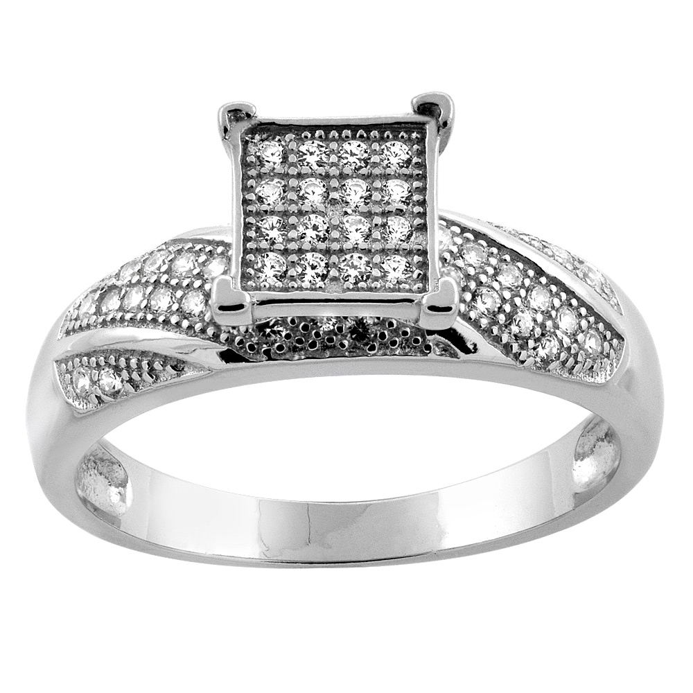 Sterling Silver Micro Pave Cubic Zirconia Square Ladies' Engagement Ring, 1/4 inch wide, sizes 5 to 10