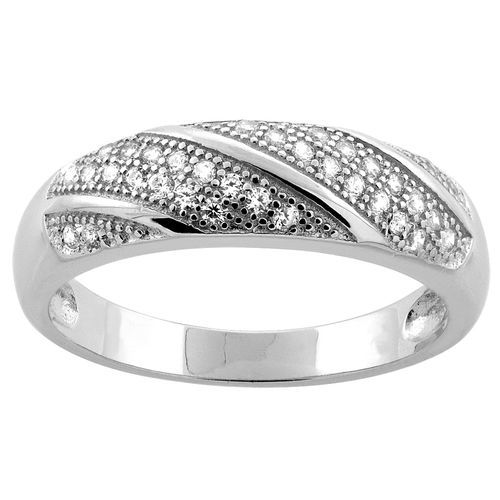 Sterling Silver Micro Pave Cubic Zirconia Striped Ladies&#039; Wedding Band, 3/16 inch wide, sizes 5 to 10