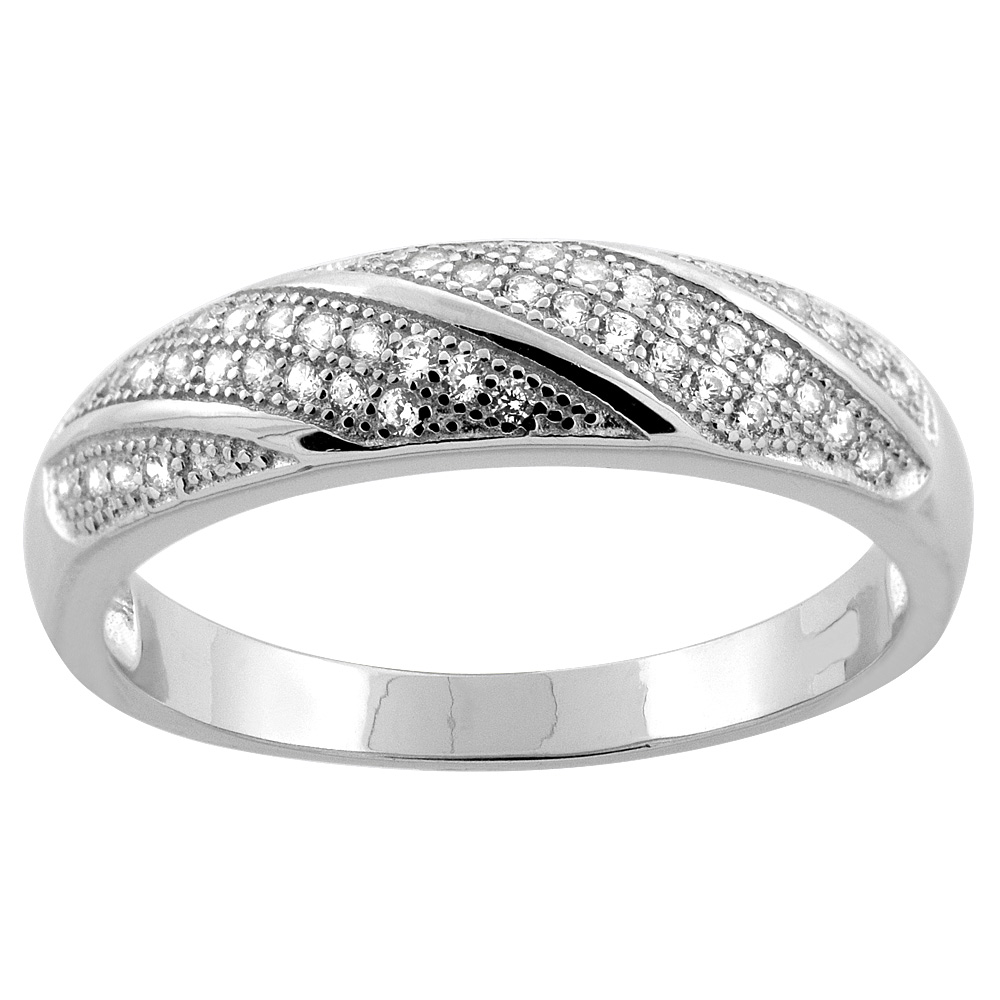 Sterling Silver Micro Pave Cubic Zirconia Striped Men's Wedding Band, 3/16 inch wide, sizes 8 to 14
