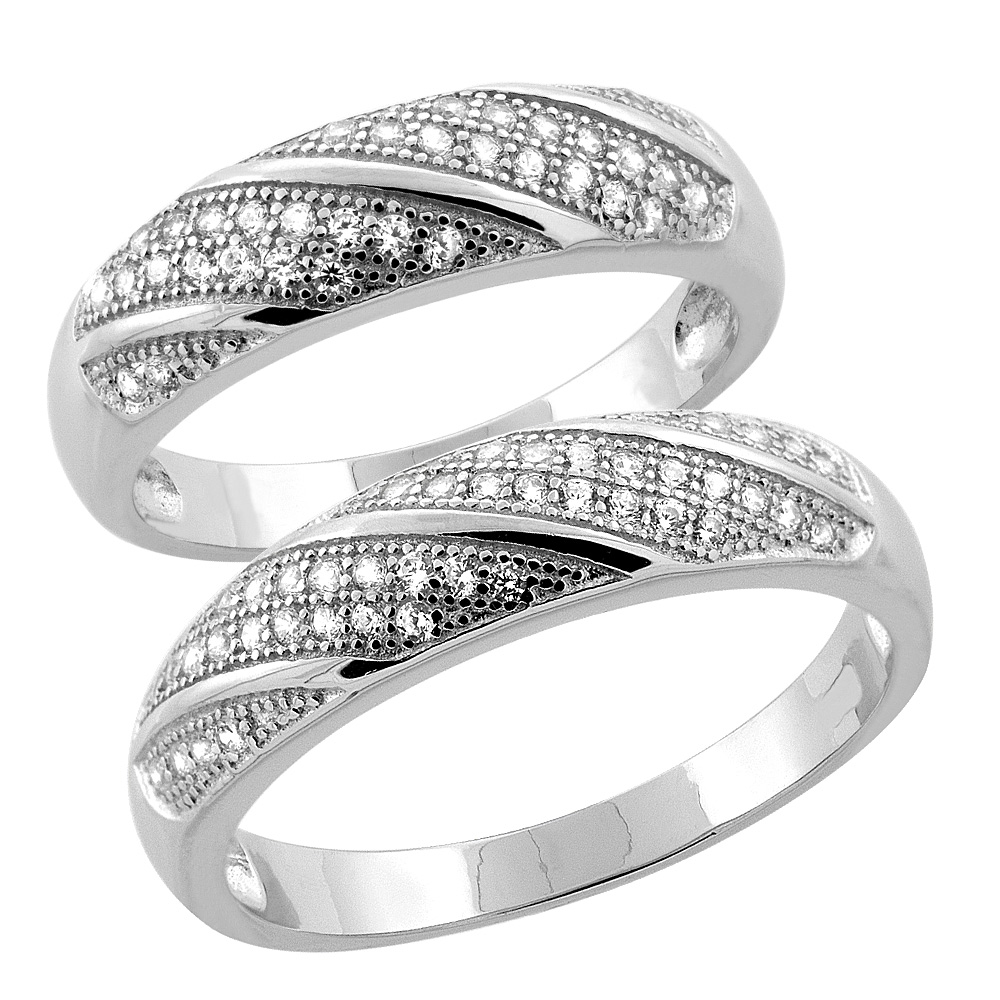 Sterling Silver Micro Pave Cubic Zirconia Wedding Ring 2-Piece Set 5 mm Him &amp; Hers 5 mm, sizes M 8-14 L 5-10