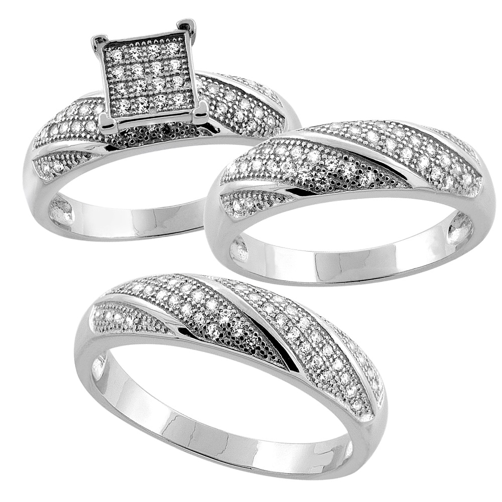 STERLING SILVER MICRO PAVE CUBIC ZIRCONIA TRIO WEDDING RING SET FOR 5 MM HIM & HERS 5 MM, L 5 - 10 & M 8 - 14