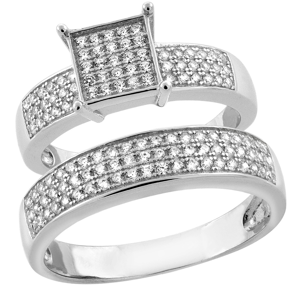 Sterling Silver Micro Pave Cubic Zirconia Engagement Ring Set for 5 mm Him &amp; Hers 8 mm, L 5 - 10 &amp; M 8 - 14