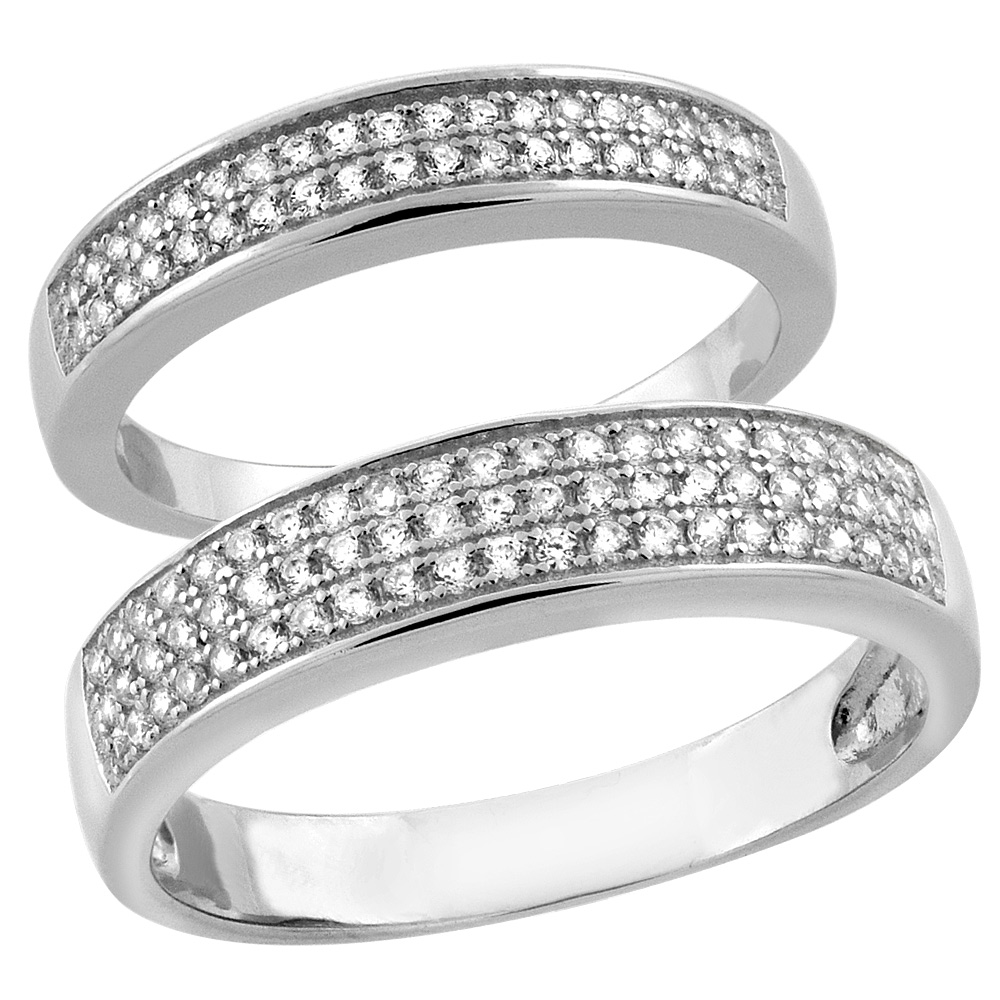 Sterling Silver Micro Pave Cubic Zirconia Wedding Ring 2-Piece Set 5 mm Him &amp; Hers 4 mm, sizes M 8-14 L 5-10