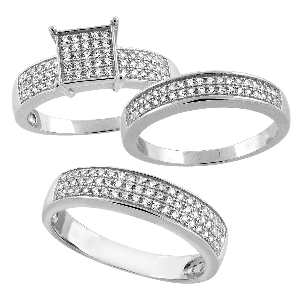 Sterling Silver Micro Pave Cubic Zirconia Trio Wedding Ring Set for 5 mm Him &amp; Hers 4 mm, L 5 - 10 &amp; M 8 - 14