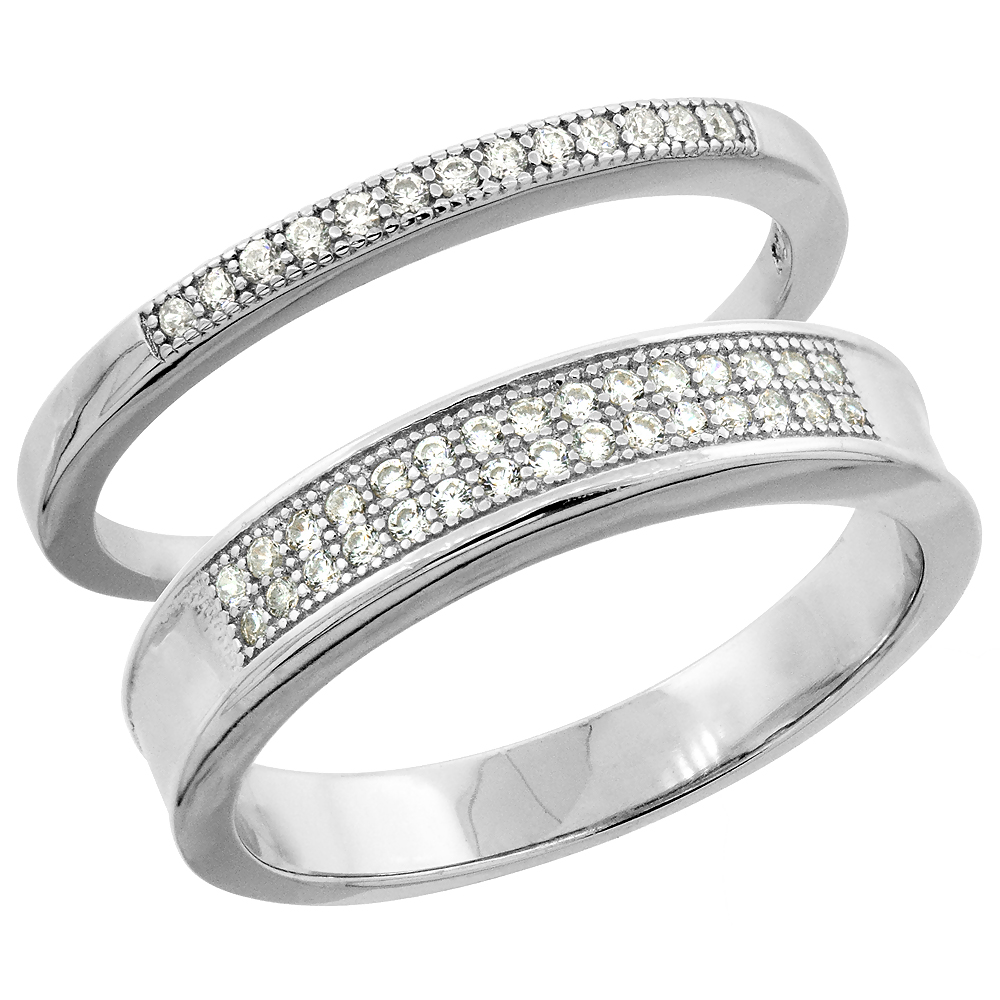 Sterling Silver Micro Pave Cubic Zirconia Wedding Ring 2-Piece Set 4 mm Him & Hers 2 mm, sizes M 8-14 L 5-10