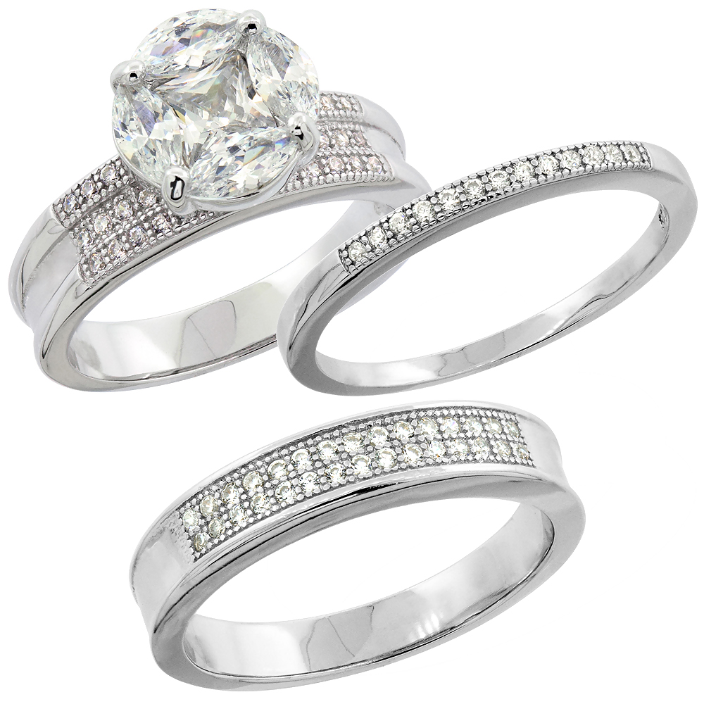 Sterling Silver Micro Pave Cubic Zirconia Trio Wedding Ring Set for 4 mm Him & Hers 2 mm, L 5 - 10 & M 8 - 14