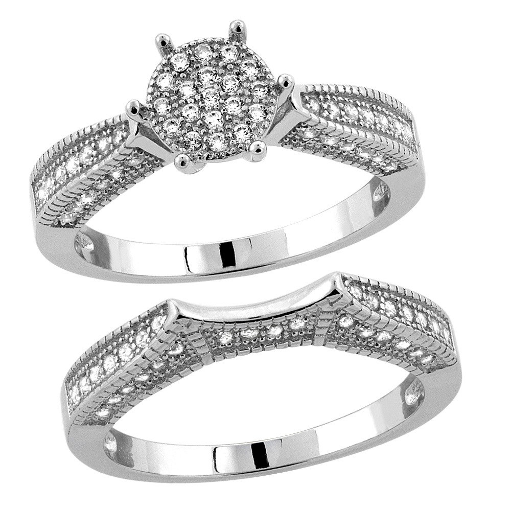 Sterling Silver Micro Pave Cubic Zirconia Round Ladies&#039; Engagement 2-Piece Ring Set, 5/16 inch wide, sizes 5 to 10