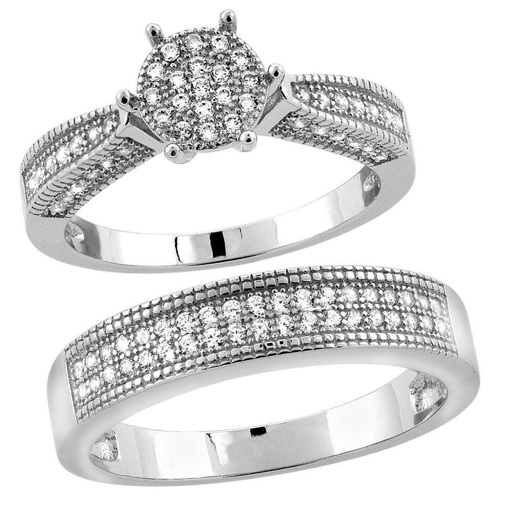 Sterling Silver Micro Pave Cubic Zirconia Engagement Ring Set for 5 mm Him &amp; Hers 7 mm, L 5 - 10 &amp; M 8 - 14
