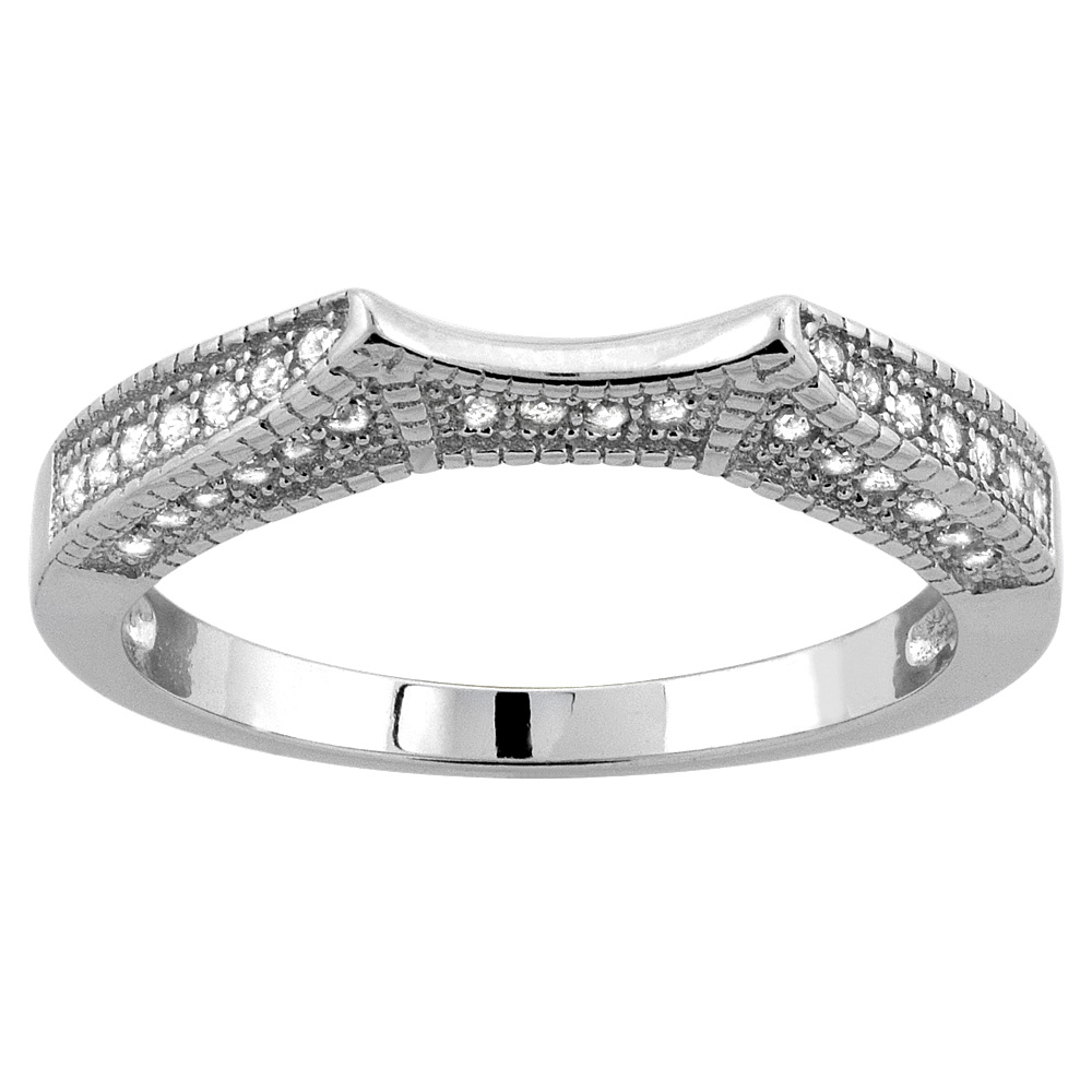 Sterling Silver Micro Pave Cubic Zirconia Ladies&#039; Wedding Band Millgrain-edge, 1/8 inch wide, sizes 5 to 10