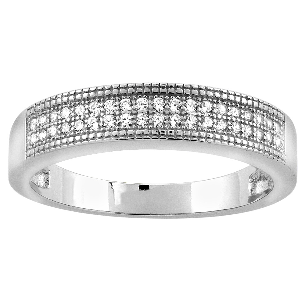 Sterling Silver Micro Pave Cubic Zirconia Men&#039;s Wedding Band Millgrain-edge, 3/16 inch wide, sizes 8 to 14