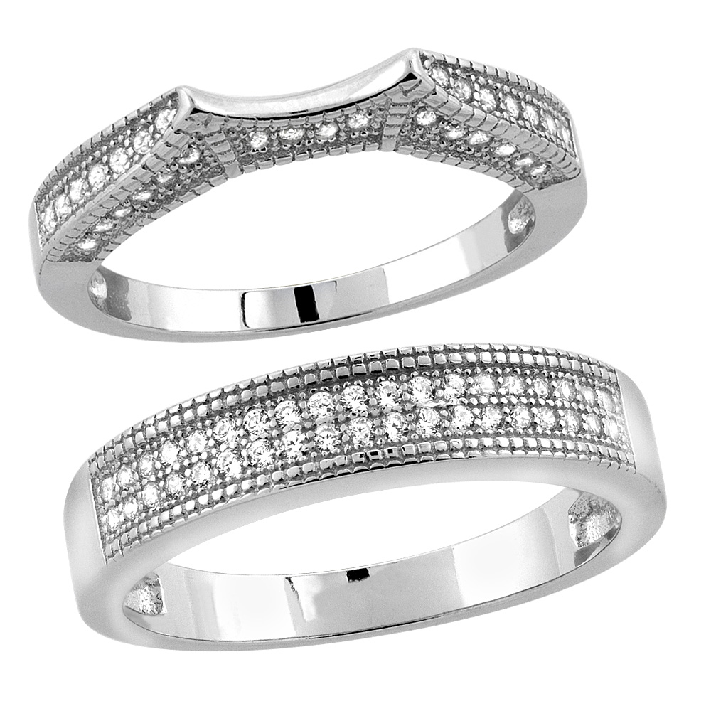Sterling Silver Micro Pave Cubic Zirconia Wedding Ring 2-Piece Set 5 mm Him & Hers 3 mm, sizes M 8-14 L 5-10