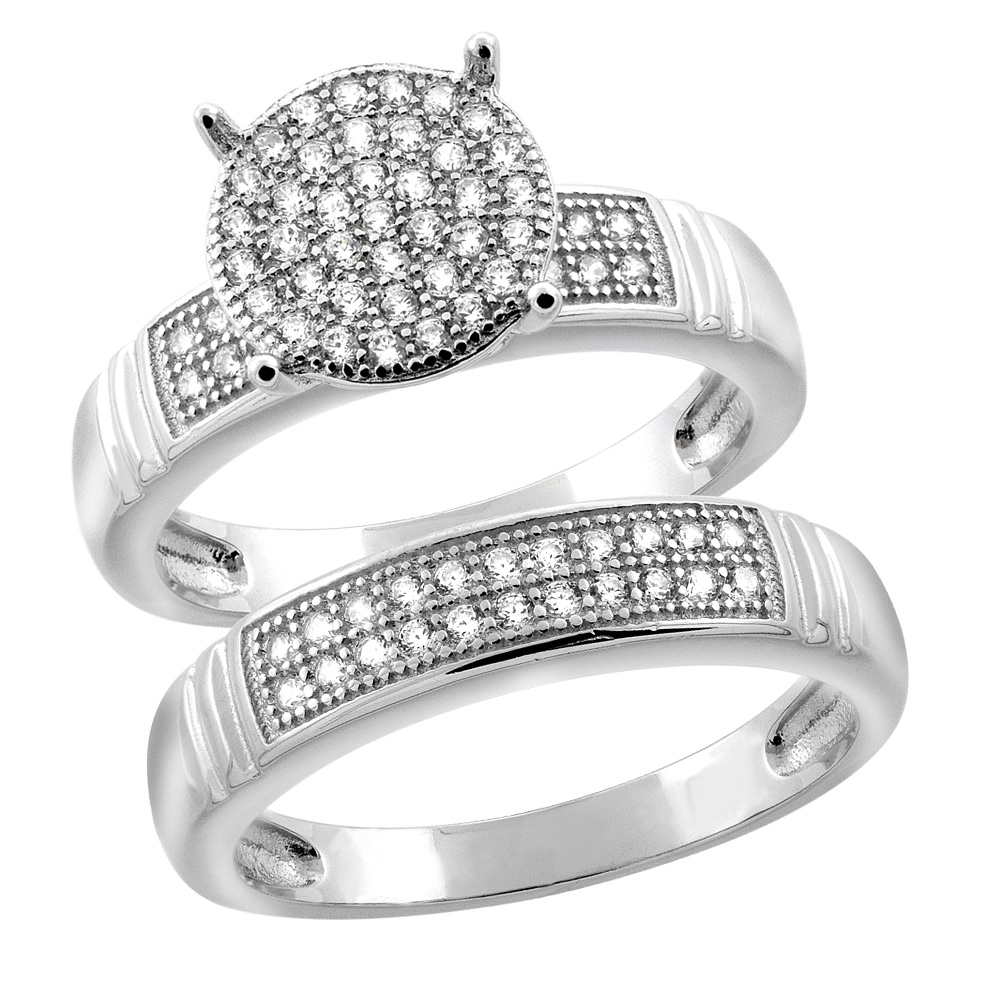 Sterling Silver Micro Pave Cubic Zirconia Round Ladies&#039; Engagement 2-Piece Ring Set, 3/8 inch wide, sizes 5 to 10