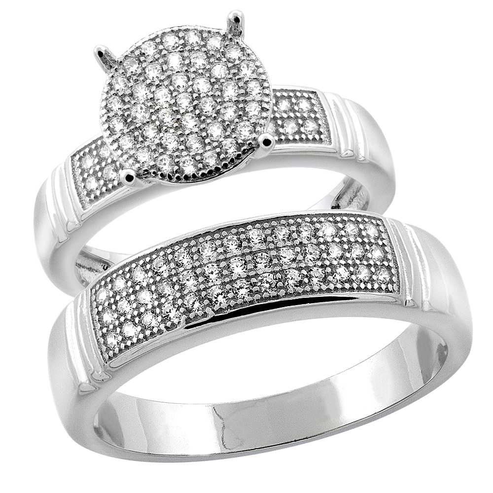 Sterling Silver Micro Pave Cubic Zirconia Engagement Ring Set for 5 mm Him & Hers 9.5 mm, L 5 - 10 & M 8 - 14