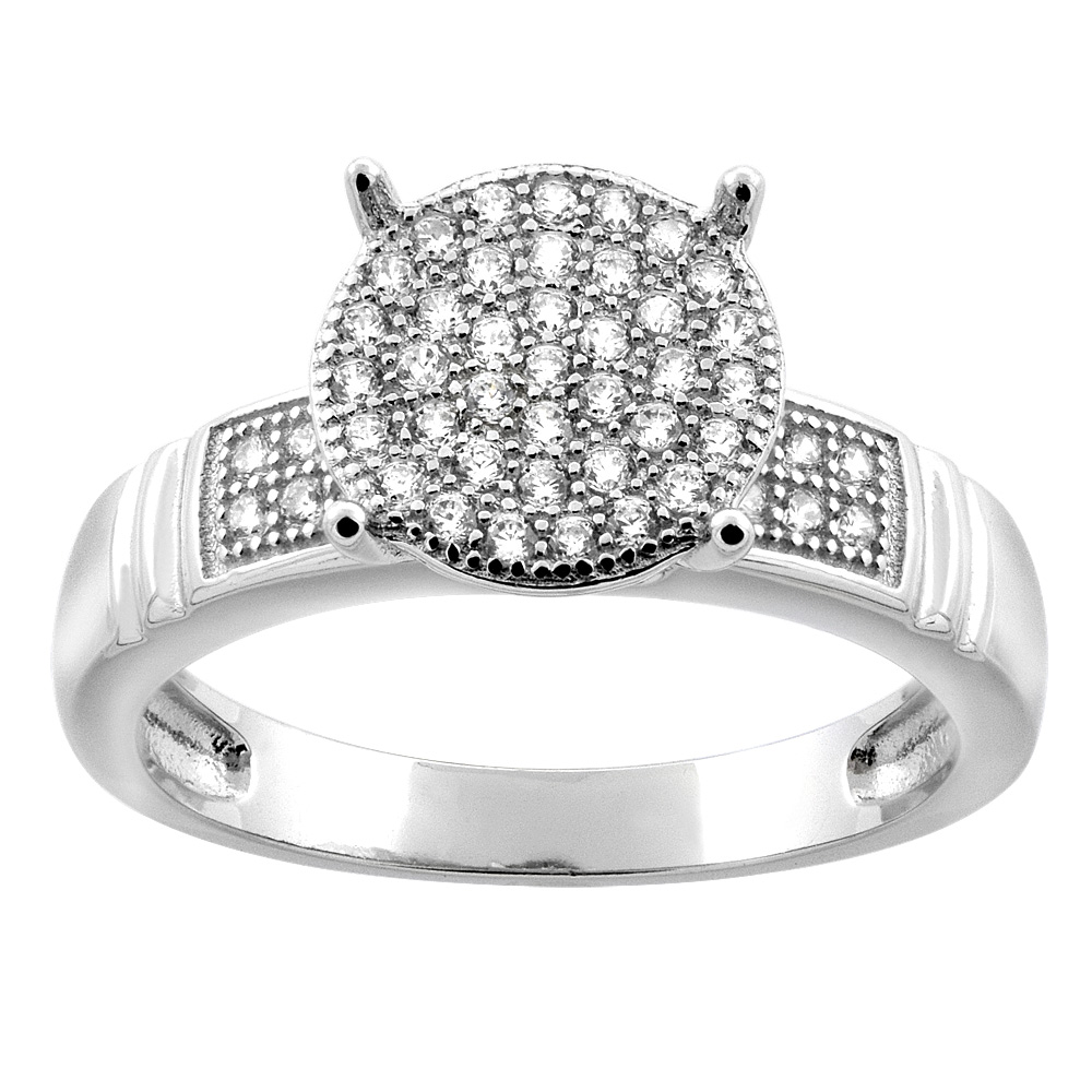 Sterling Silver Micro Pave Cubic Zirconia Round Ladies&#039; Engagement Ring, 3/8 inch wide, sizes 5 to 10
