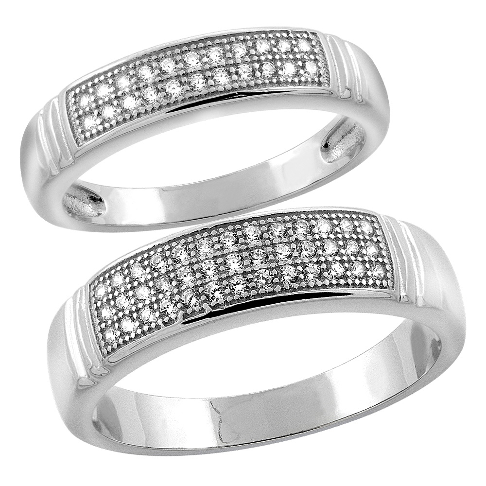 Sterling Silver Micro Pave Cubic Zirconia Wedding Ring 2-Piece Set 5 mm Him &amp; Hers 4 mm, sizes M 8-14 L 5-10