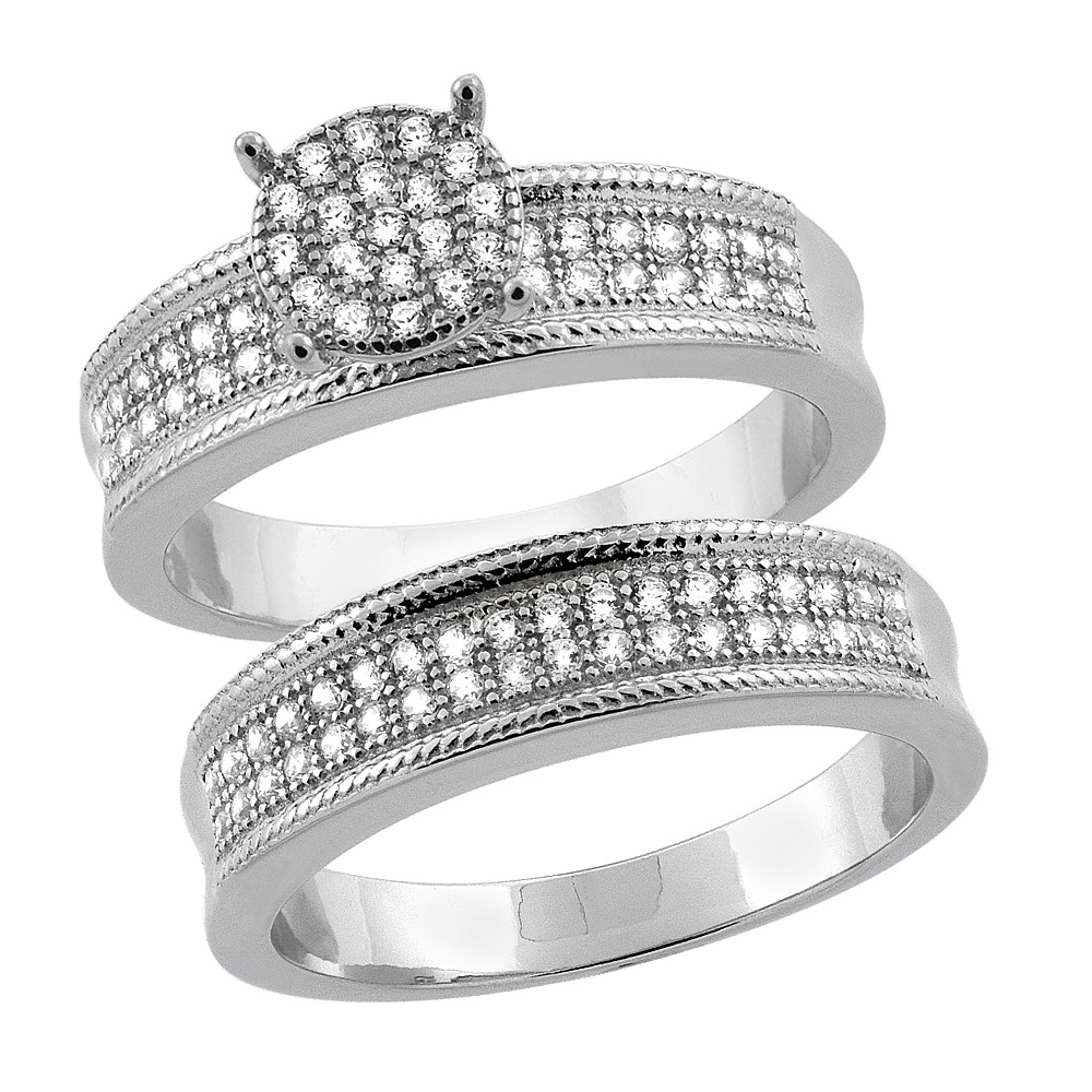Sterling Silver Micro Pave Cubic Zirconia Round Ladies' Engagement 2-Piece Ring Set, 1/4 inch wide, sizes 5 to 10