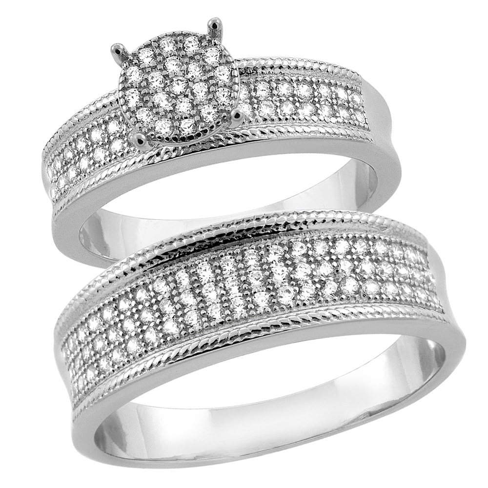 Sterling Silver Micro Pave Cubic Zirconia Engagement Ring Set for 7 mm Him & Hers 6 mm, L 5 - 10 & M 8 - 14